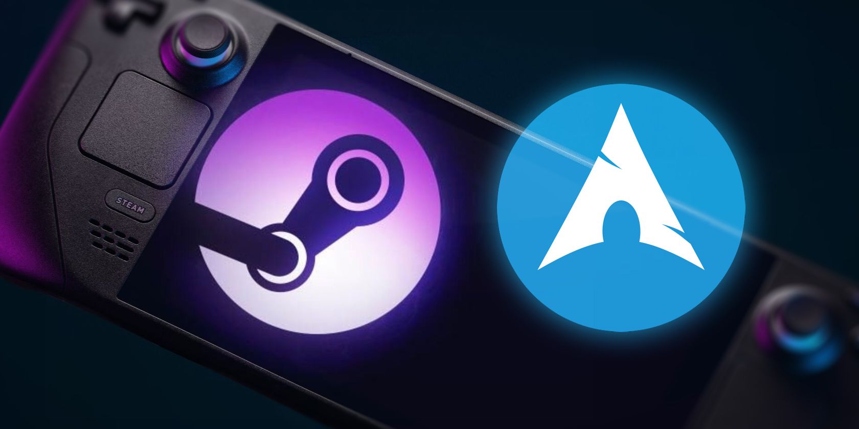 SteamOS and Arch Linux logos on top of a Steam Deck