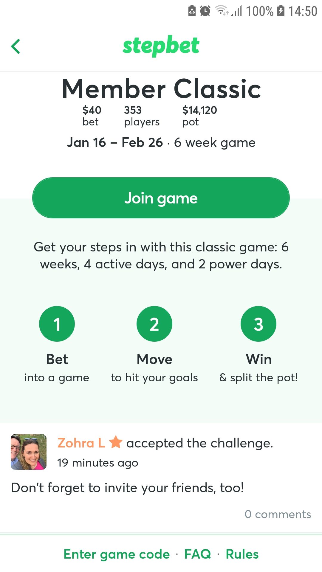 StepBet walking exercise joint à l'application mobile jeu