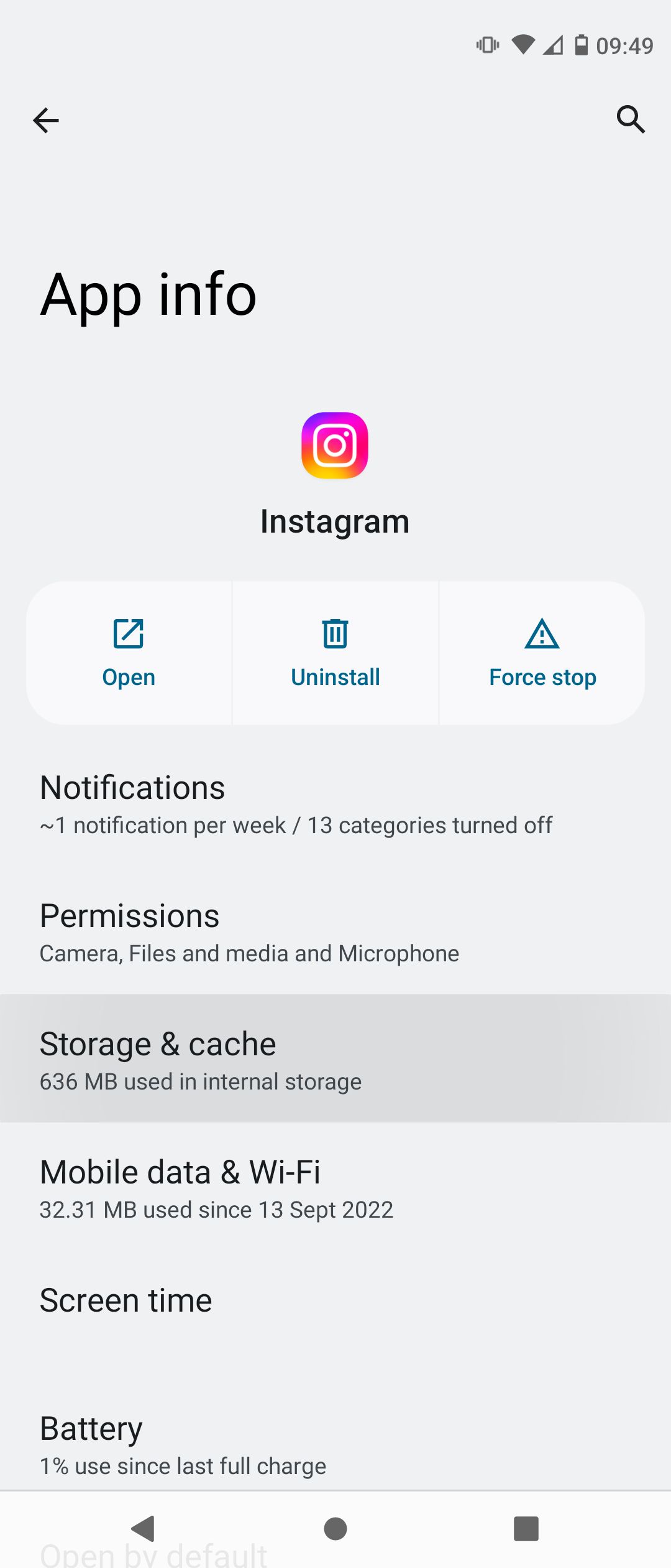 Onglet Stockage et Cache dans les infos de l'application Instagram