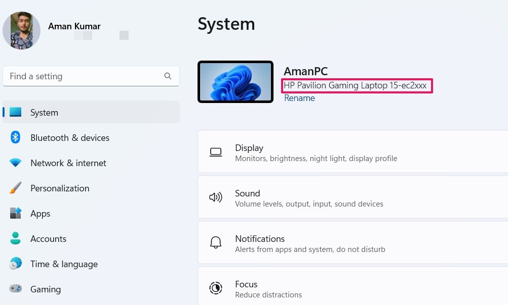 Check the system name in the settings menu