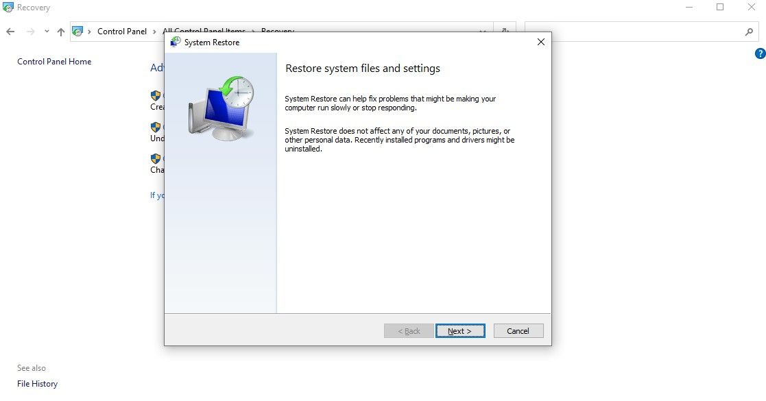 Capture d'écran de l'onglet Restauration du système Windows