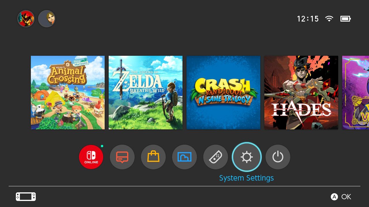 تصویری از صفحه اصلی نینتندو سوییچ با برجسته شدن تنظیمات سیستم