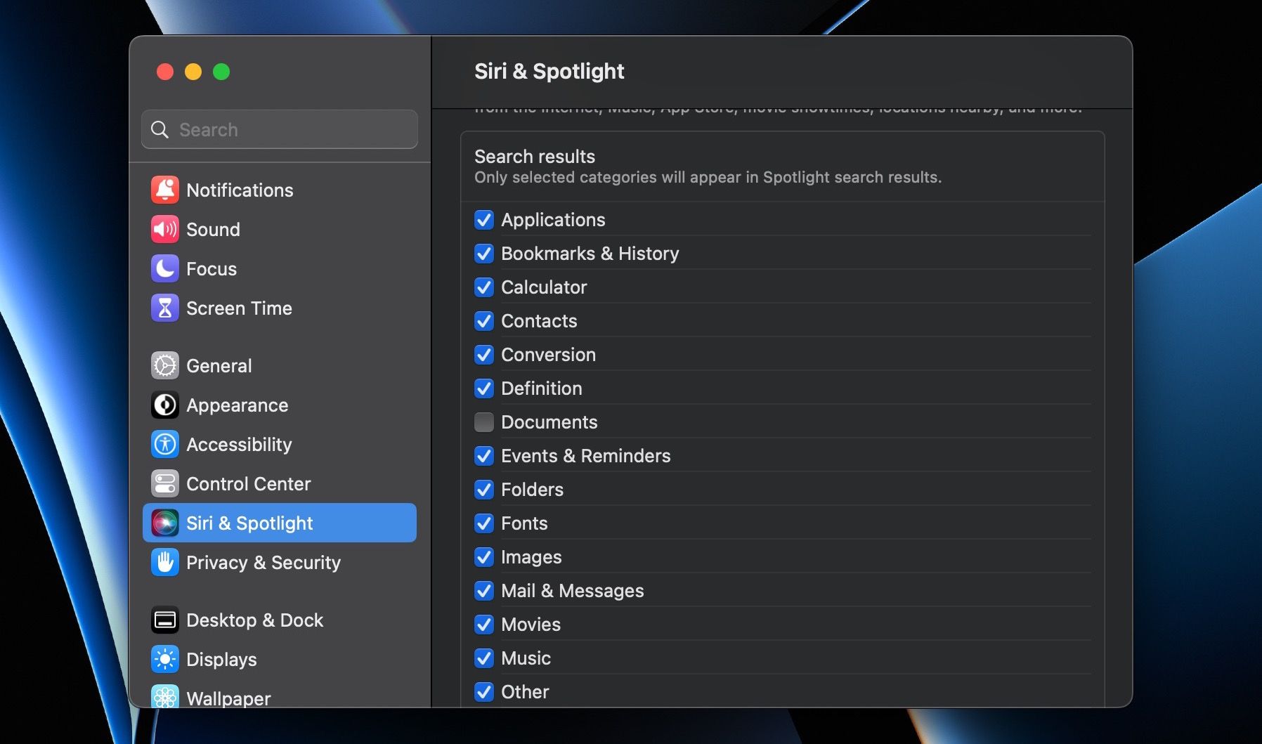 Select which categories to show in Spotlight search results