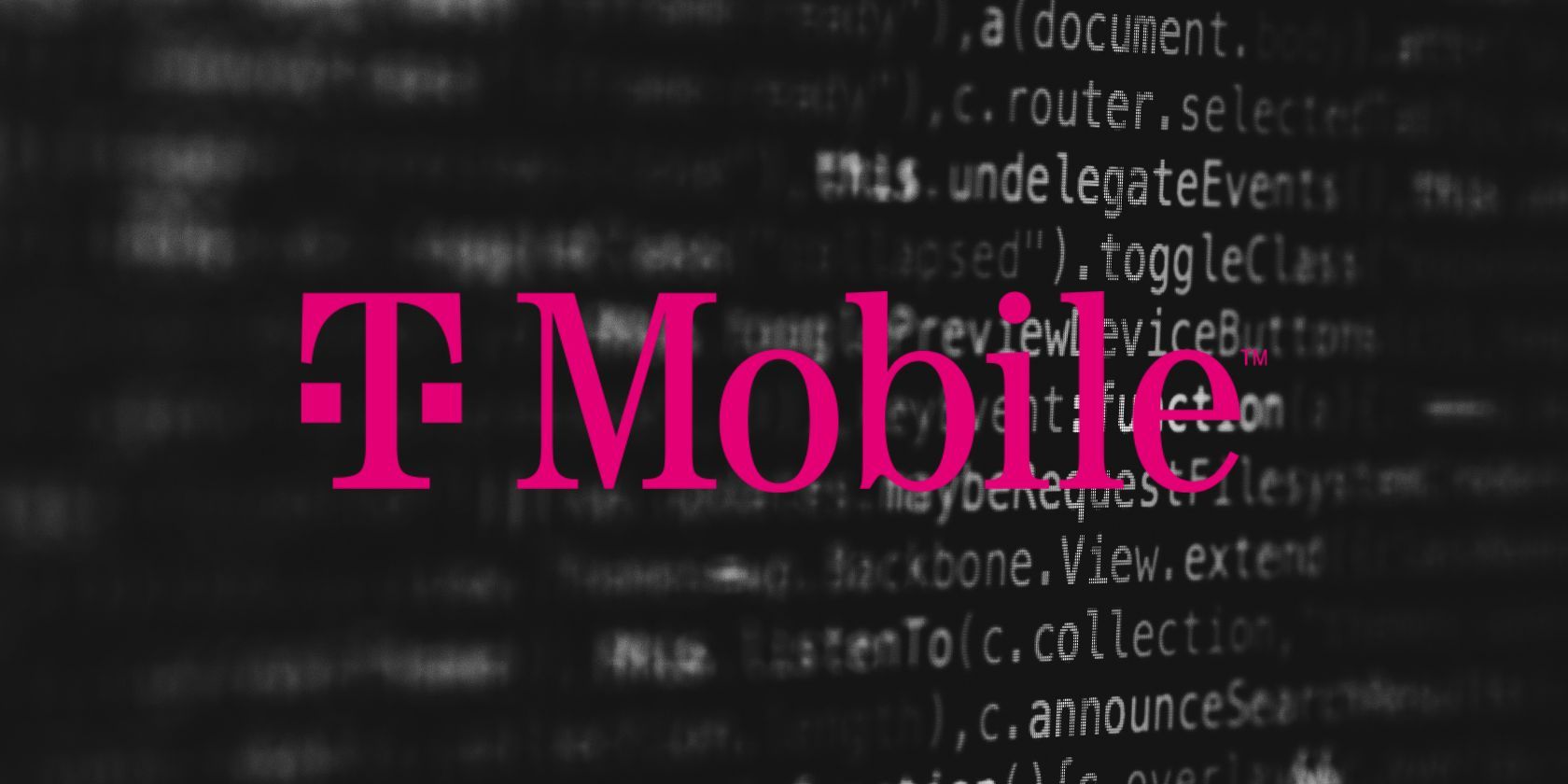 t-mobile logo in front of black and white photo of code