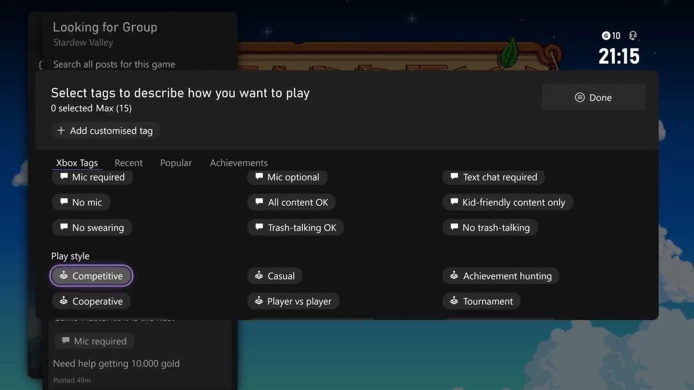 A screenshot of the Xbox Series X Looking for Group Tag options with Competitive highlighted 