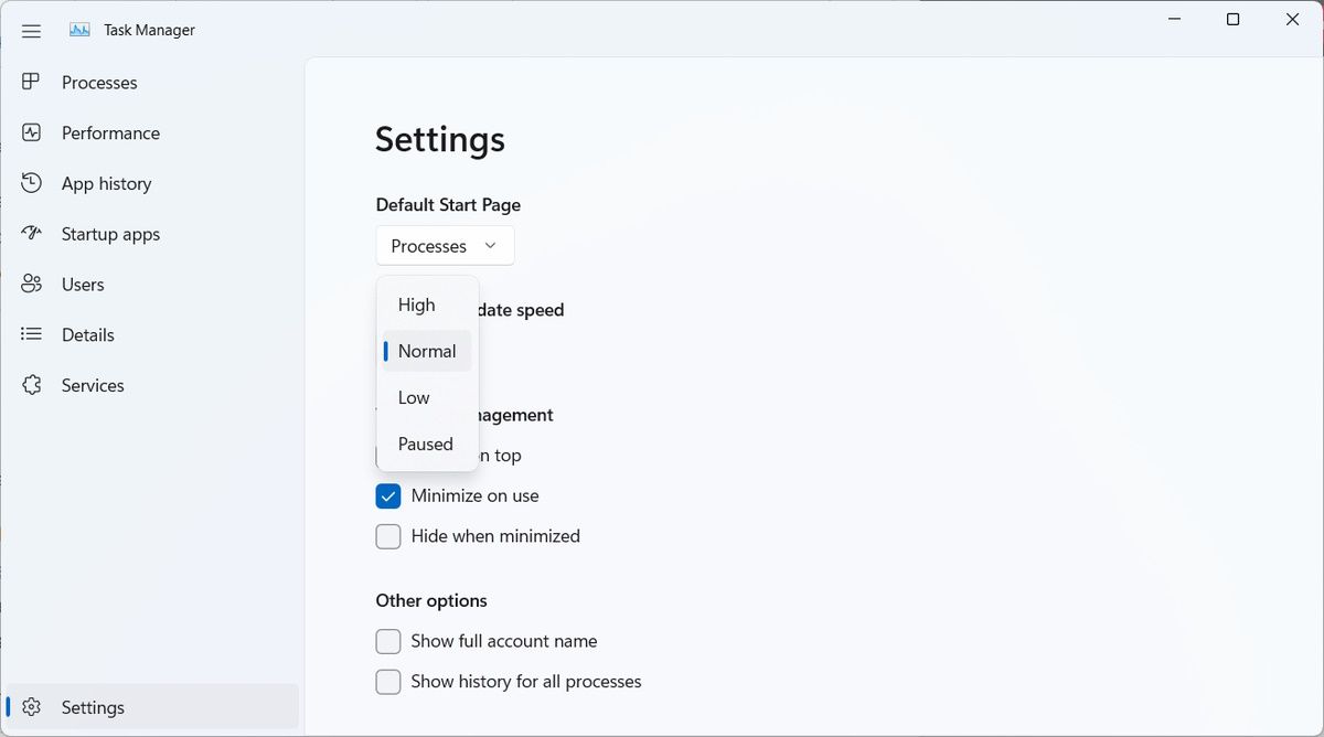 Choosing the Task Manager update speed in its settings