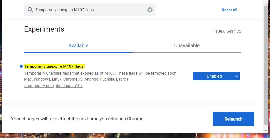 The Temporarily unexpire M107 flags setting