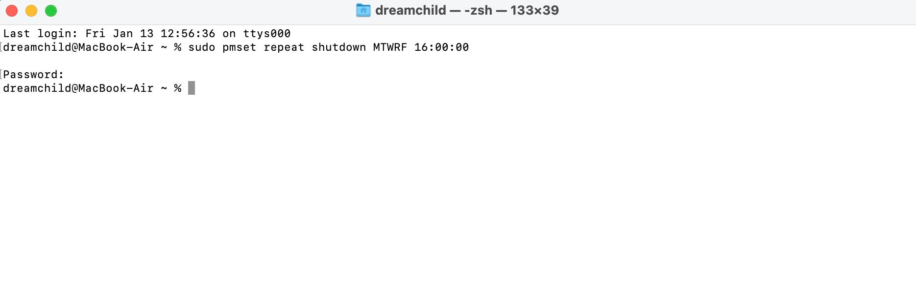 Terminal command line with shut down schedule command
