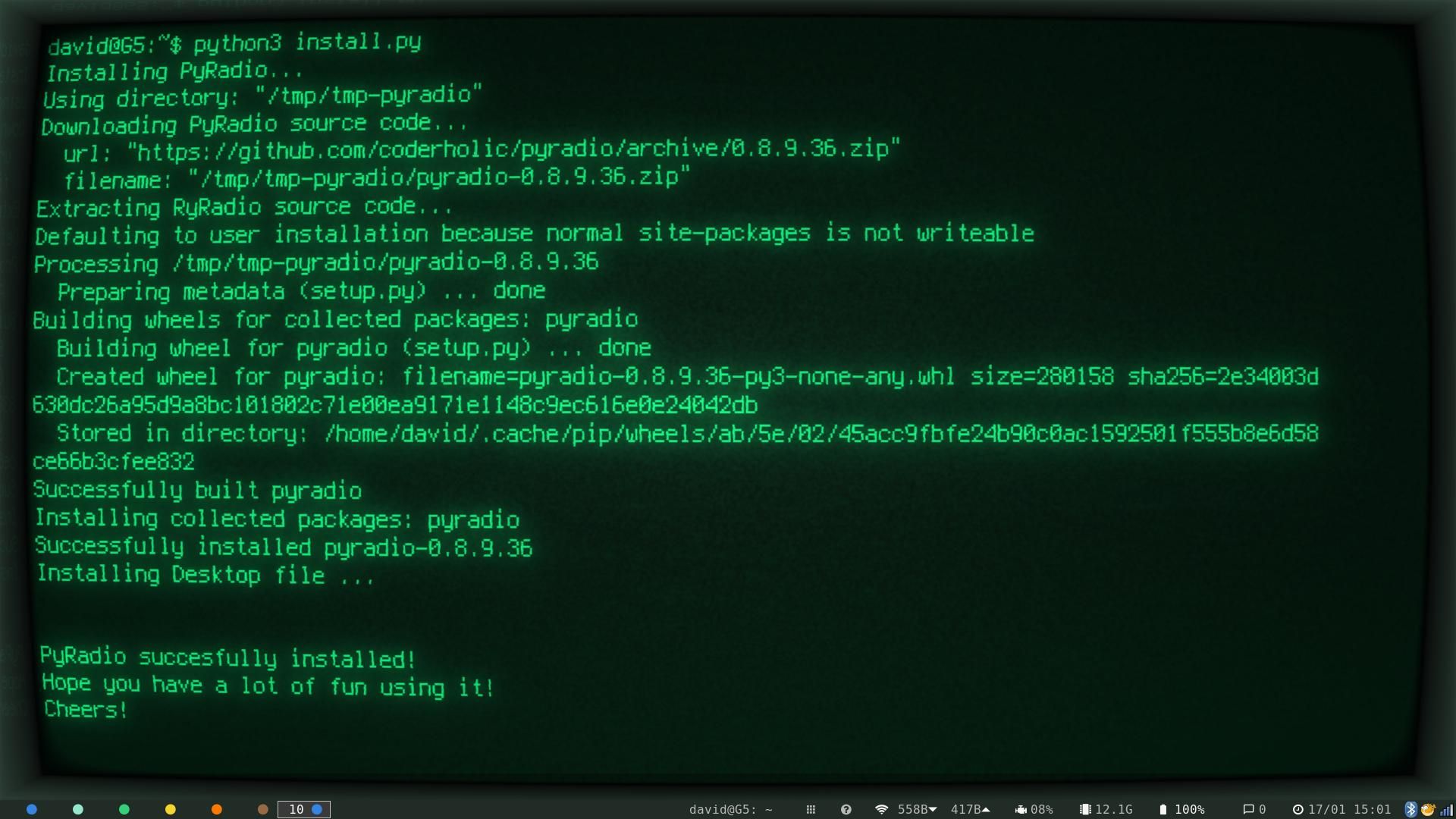 success message from the terminal after installing PyRadio