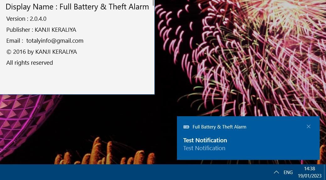 Notificación de prueba de batería completa y alarma de robo
