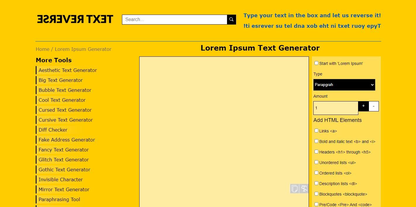A screenshot of the home page of the Lorem Ipsum Text Reverse text generator