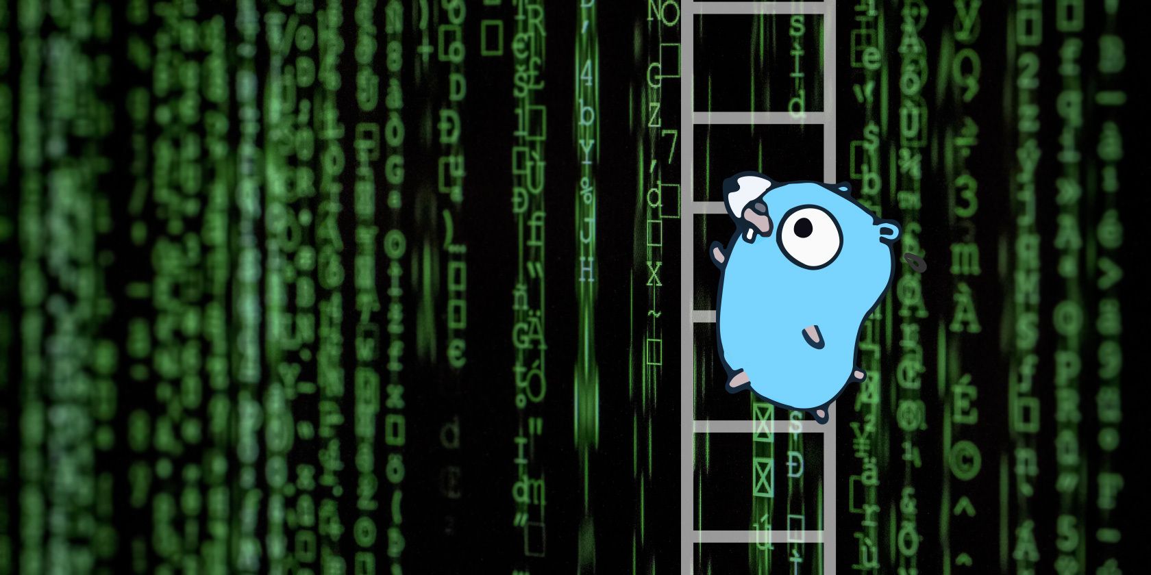 The golang mascot, a blue gopher with large eyes, in front of columns of random green symbols.