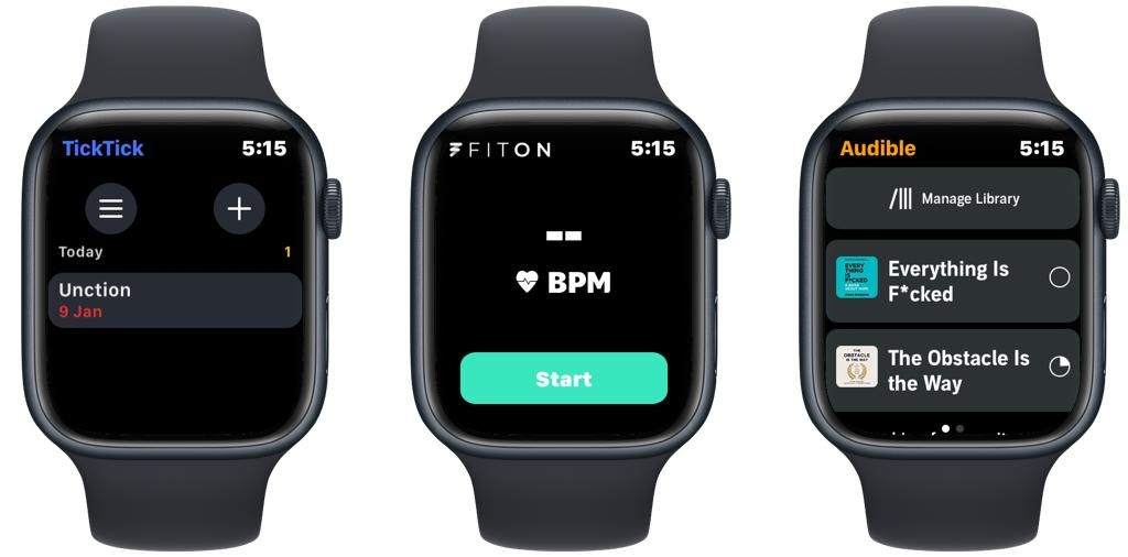 Apple Watch screenshots showing TickTick, FitOn, and Audible apps
