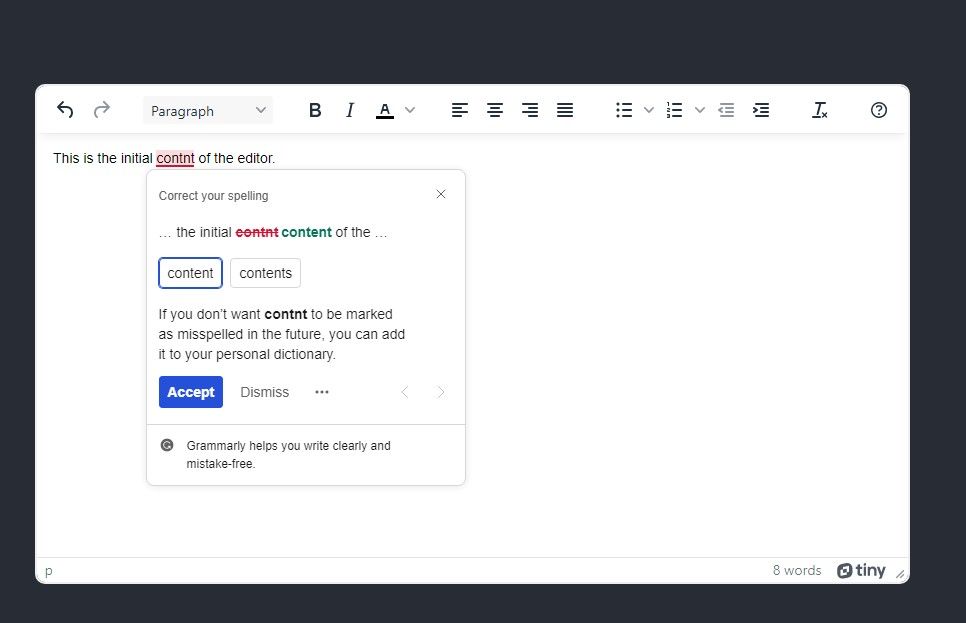 TinyMCE React.js Editor with the Grammarly writing assistant activated