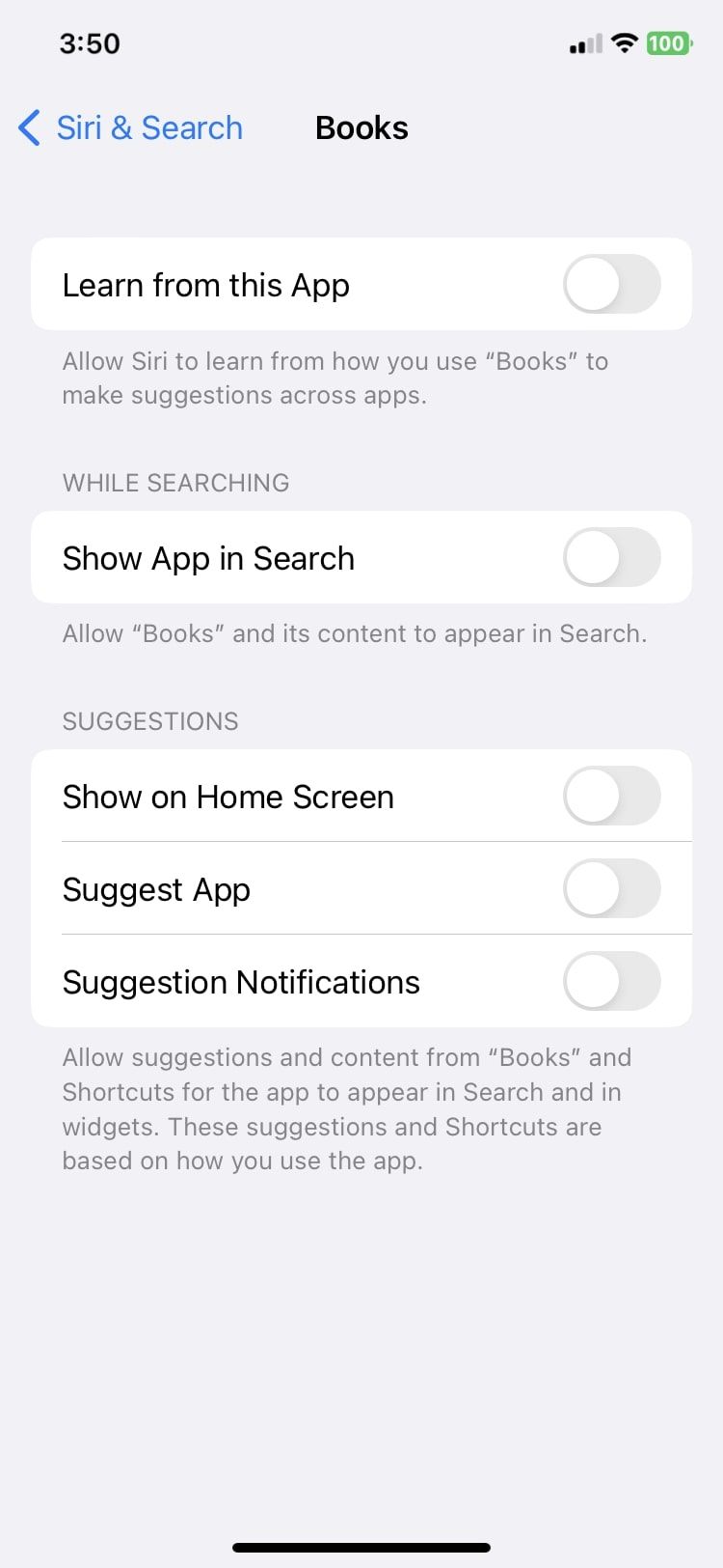 toggles off for search and suggestions