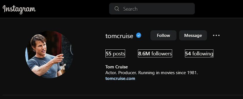 Tom Cruise Verified Instagram Page