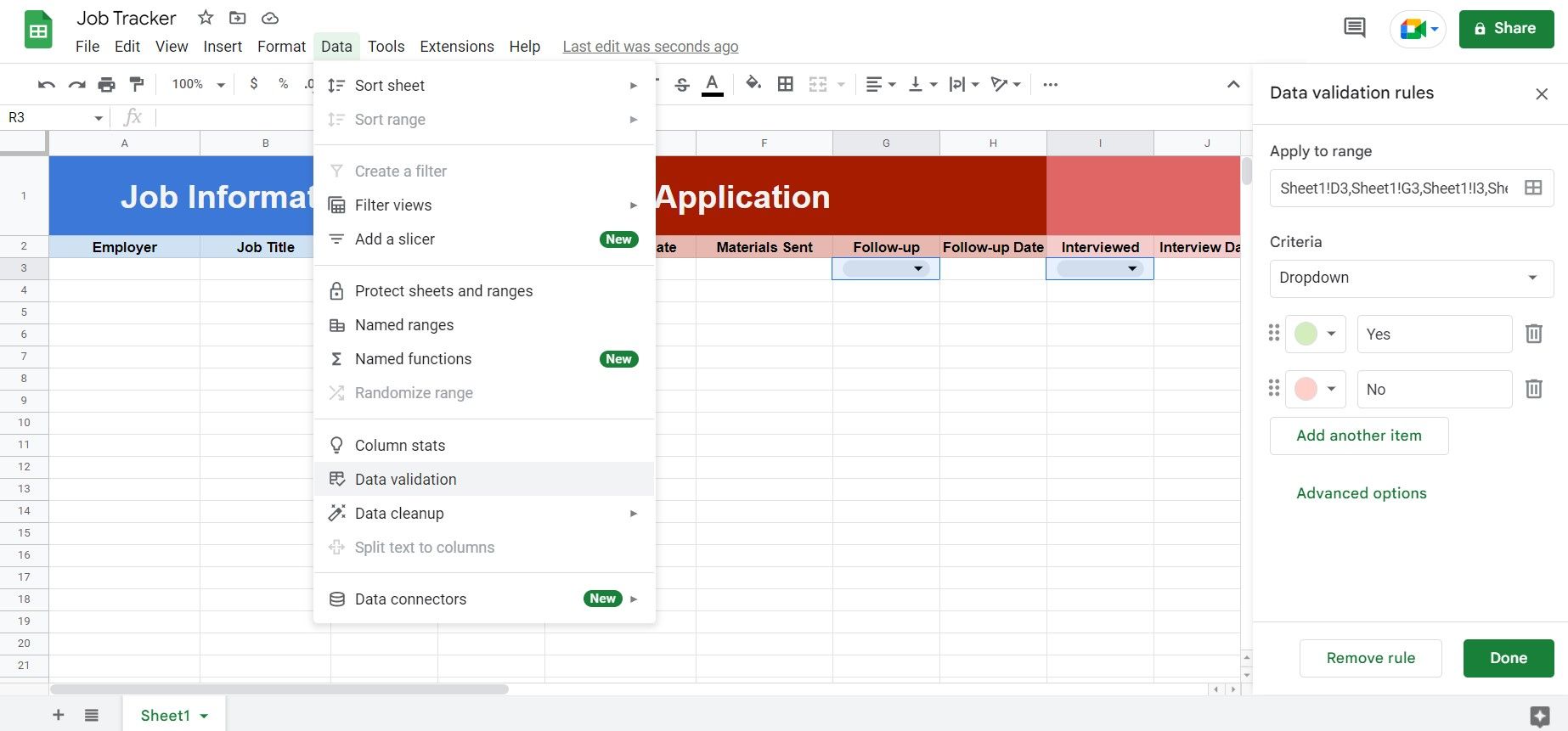 ایجاد یک لیست کشویی در Google Sheets