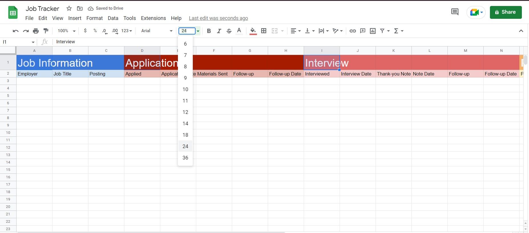 تغییر اندازه فونت در Google Sheets