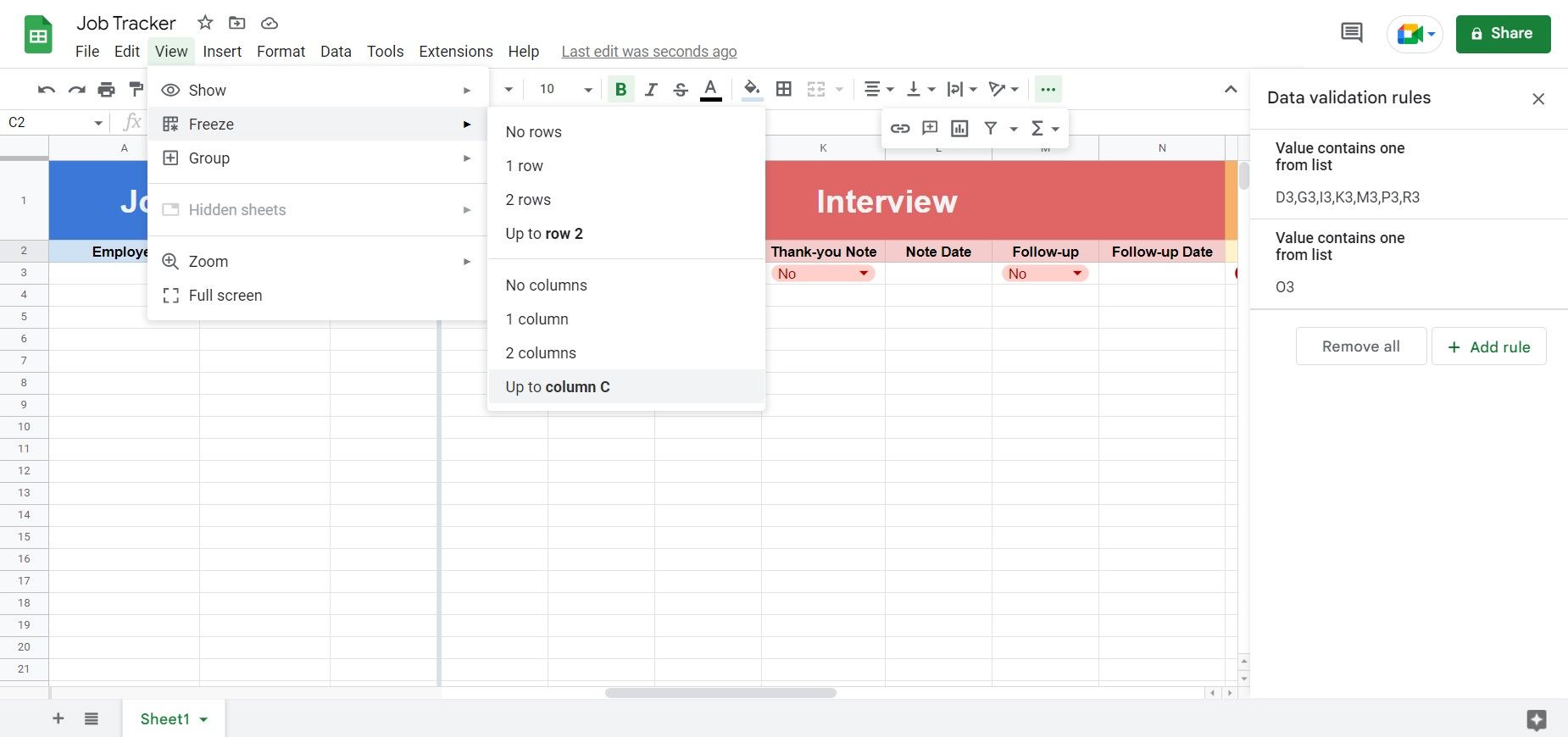 ثابت کردن ستون ها در Google Sheets