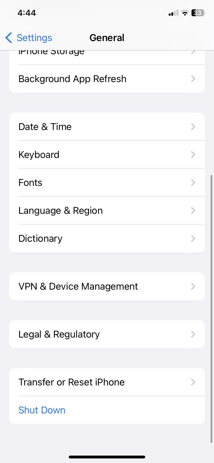 transfer or reset iPhone in settings