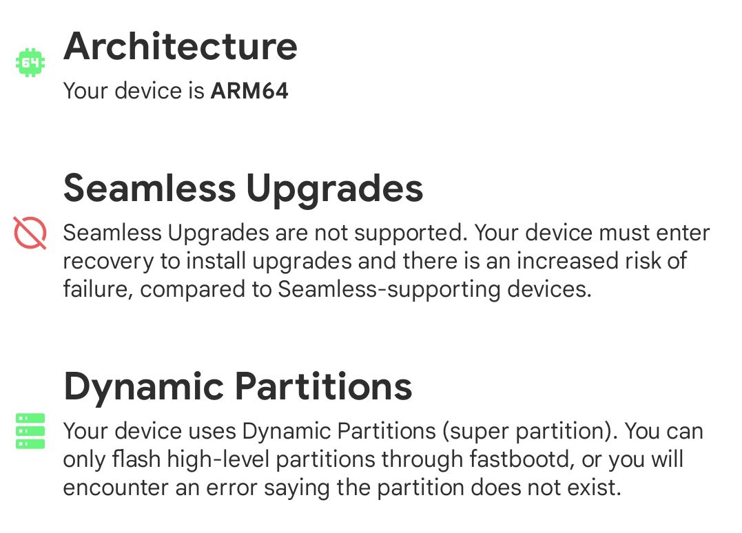 Treble Info App Excerpt Showing Architecture, Seamless Upgrades, and Dynamic Partitions Info