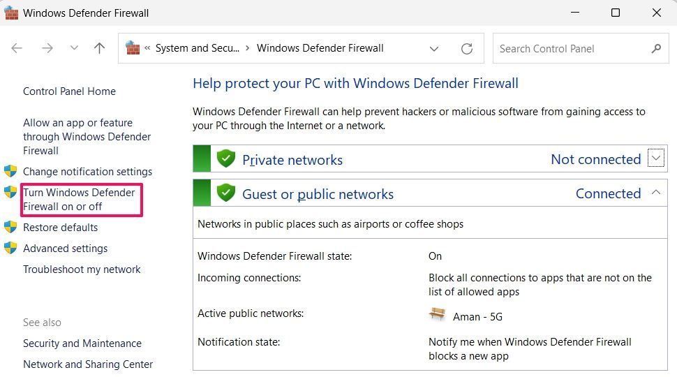 Activation ou désactivation de l'option Windows Defender dans le Panneau de configuration
