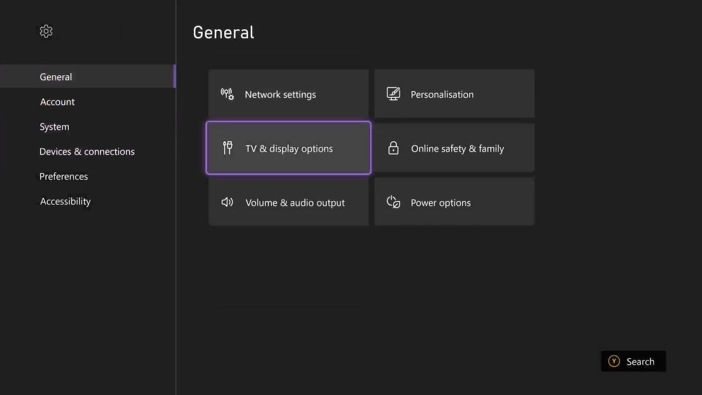 A screenshot of the General settings page on an Xbox Series X with TV and Display Options highlighted 