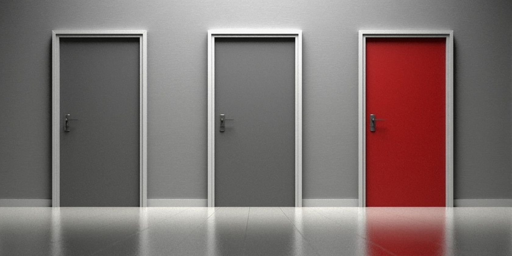 Two Grey Doors, One Red Door