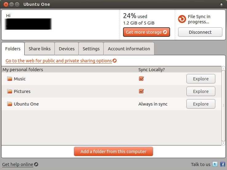 Ubuntu One app showing synced folders.