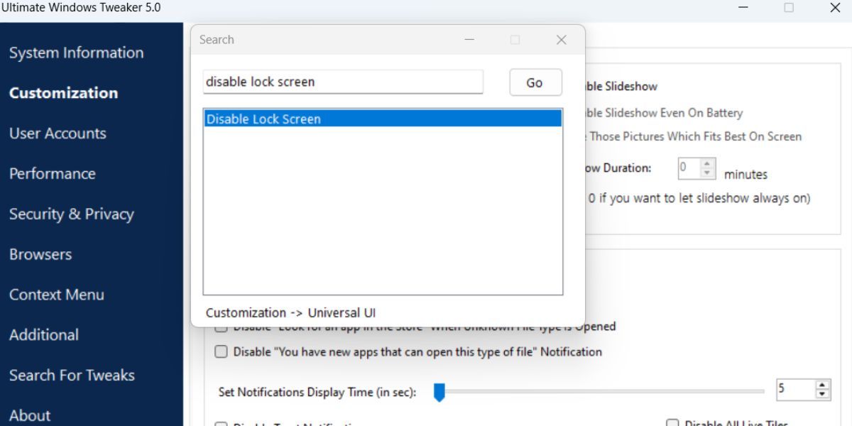 Ultimate Windows Tweaker Search tool running on Windows 11