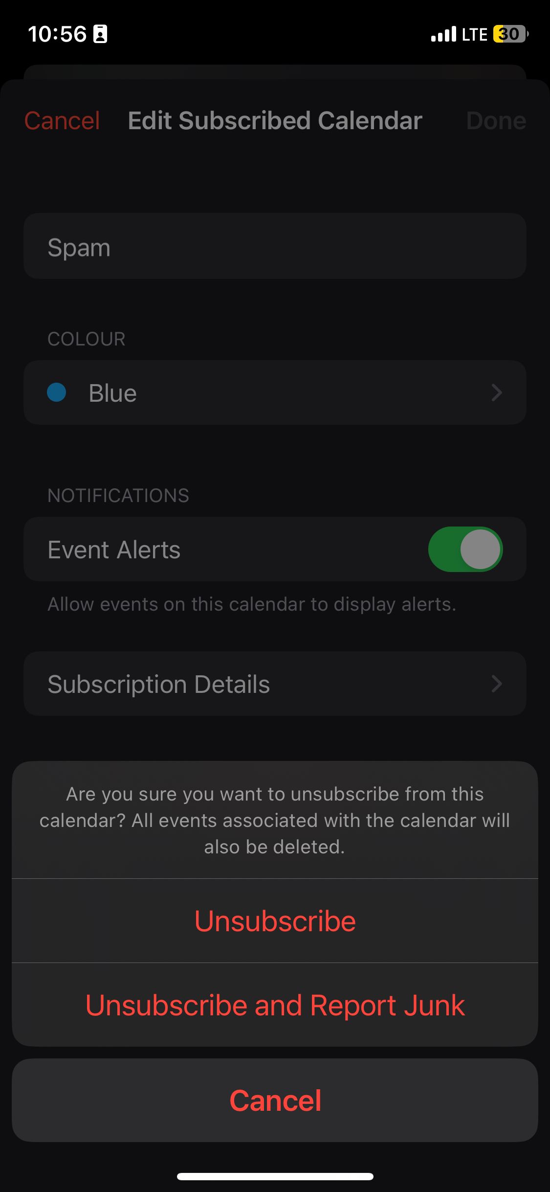 Unsubscribe from calendar options in the iPhone Calendars app