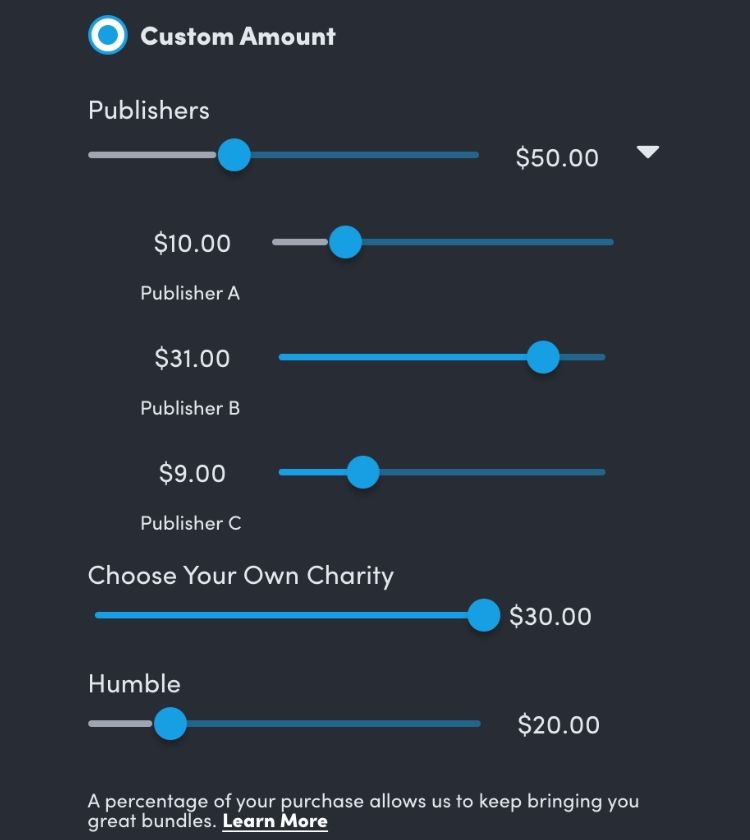 vários controles deslizantes usados ​​para personalizar como sua compra do Humble Bundle é dividida entre desenvolvedores, instituições de caridade e a equipe Humble