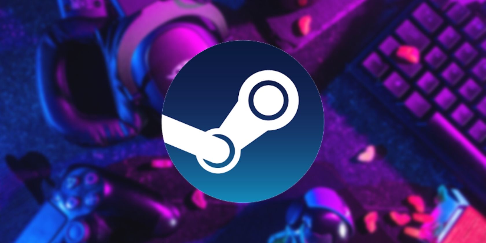 The Steam logo over a background with a gaming keyboard and headset with purple lighting 