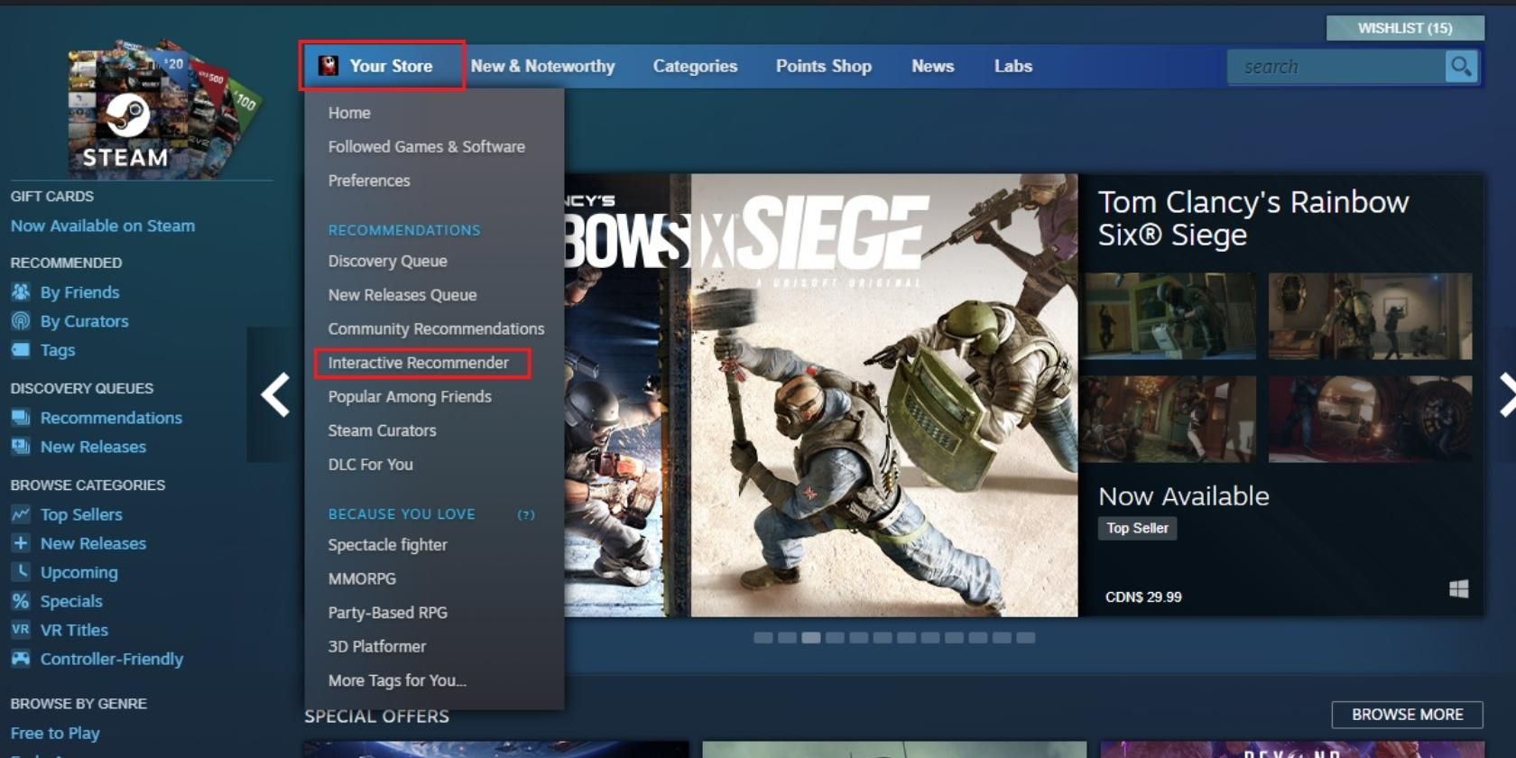 The Steam home page with red rectangles emphasizing the Your Store dropdown menu and the Interactive Recommender