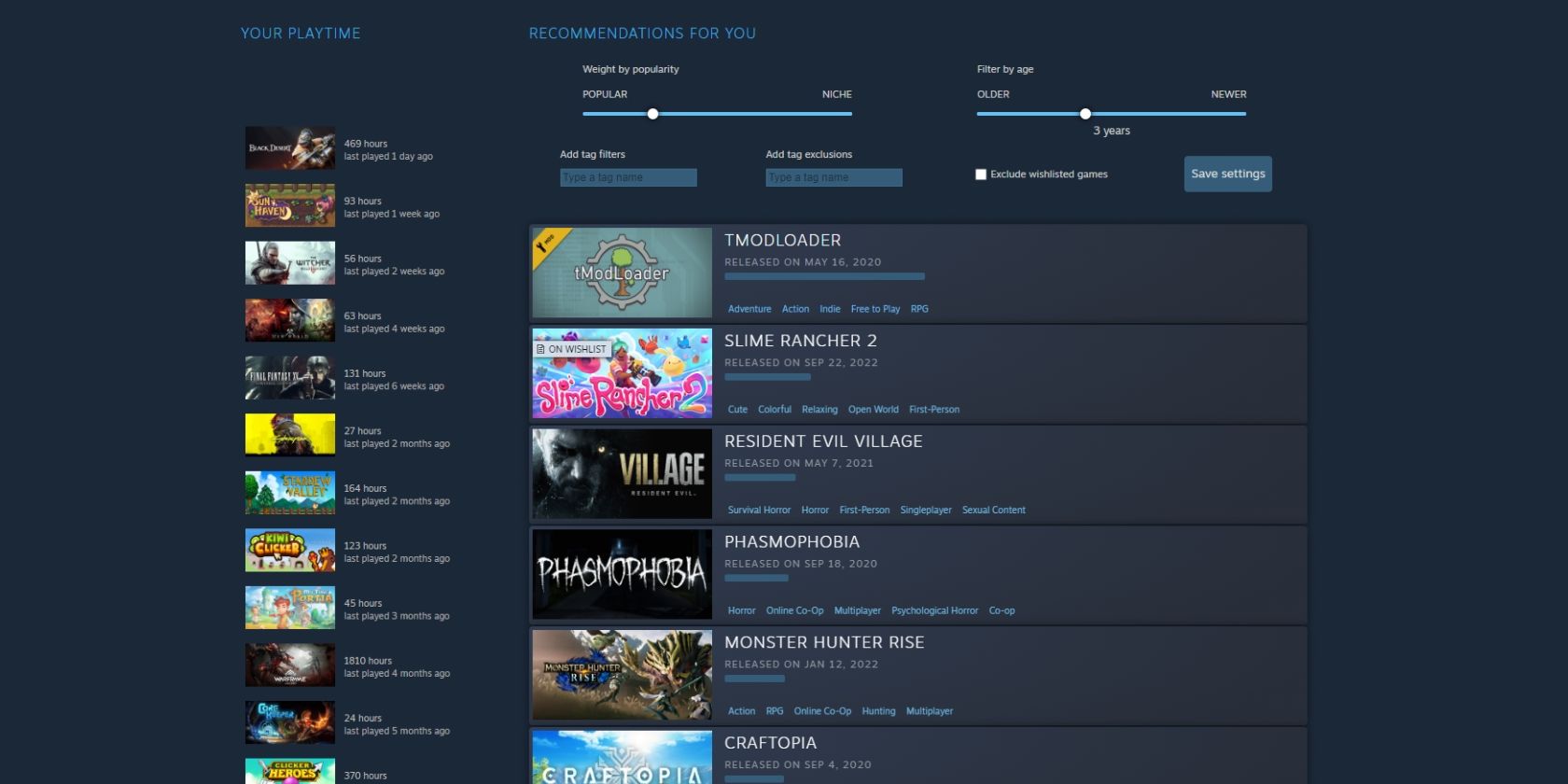 Page featuring the Steam Interactive Recommender with a list of games based on a user's preference