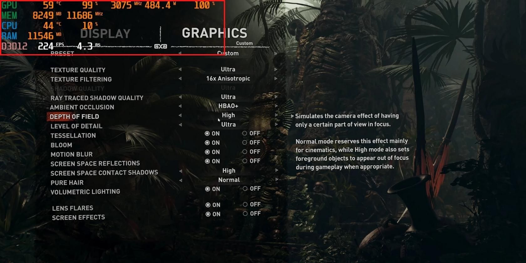 screenshot of the Shadow of the Tomb Raider Benchmark screen showing 99% GPU usage