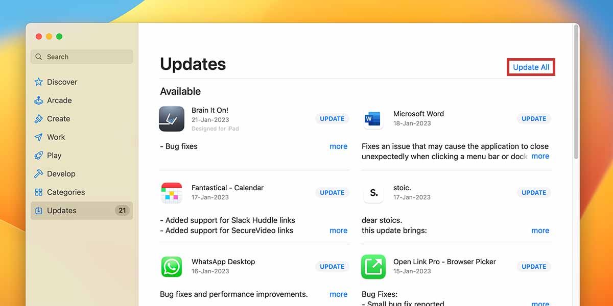 Update All Apps Button App Store
