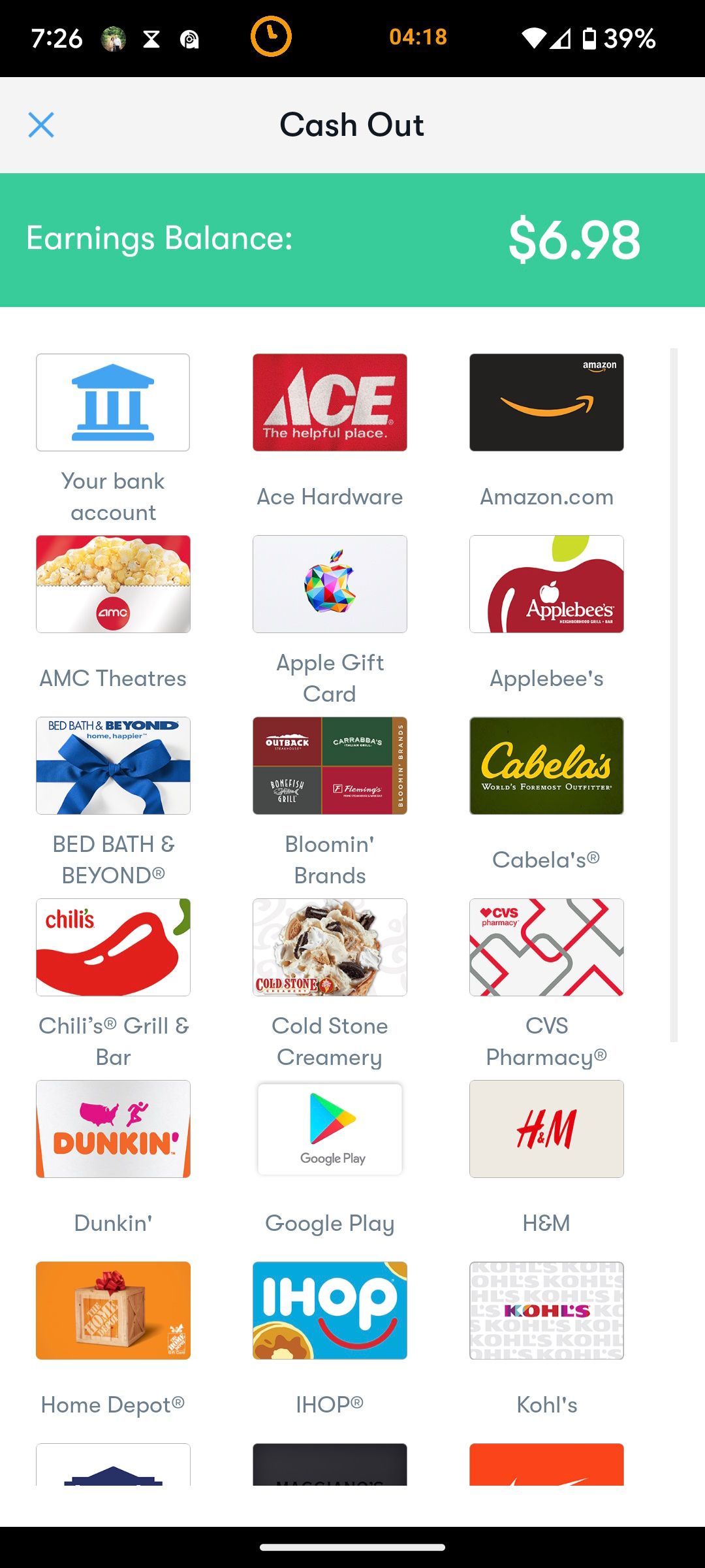 Different gift cards options for cashing out in Upside