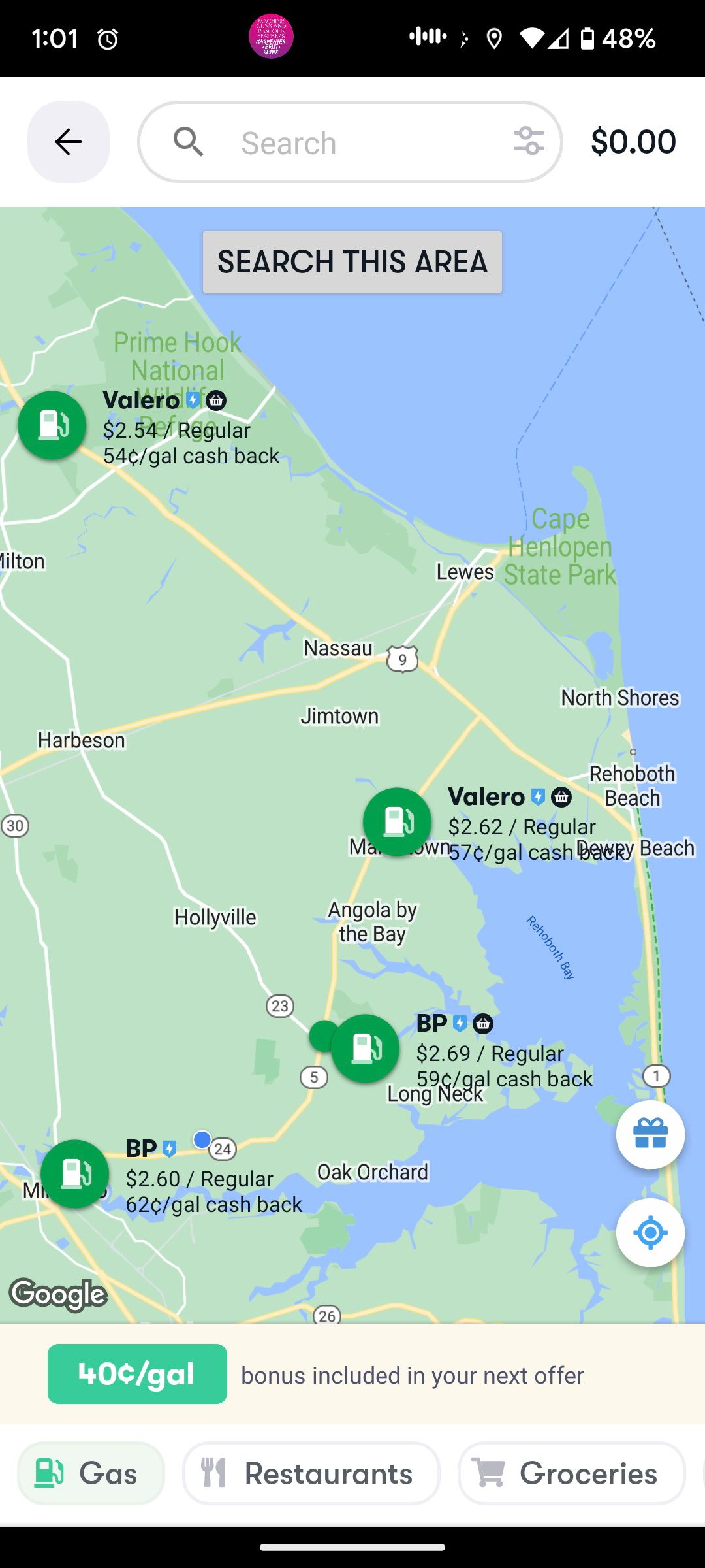 A map of gas offers on the Upside app