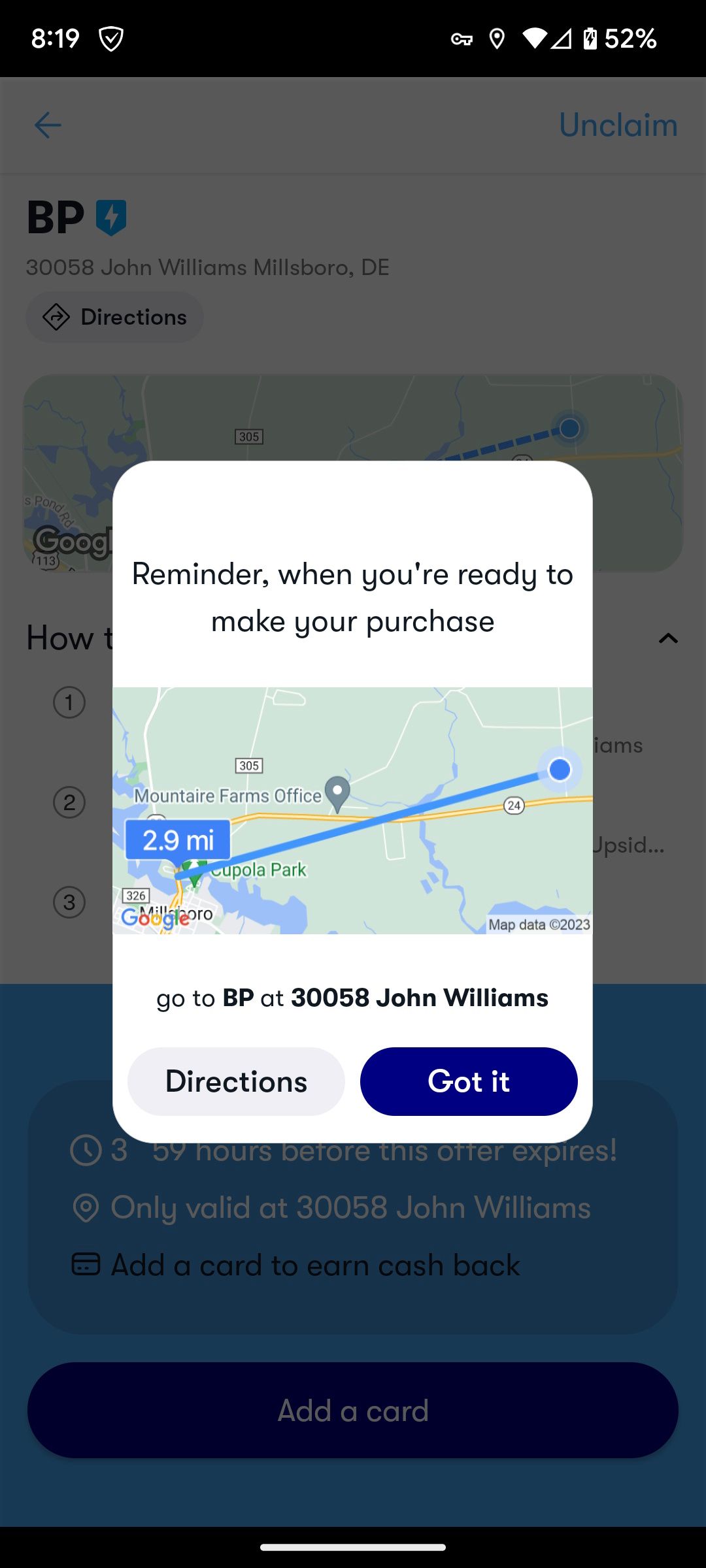 A screen showing users that they're ready for purchase on the Upside app
