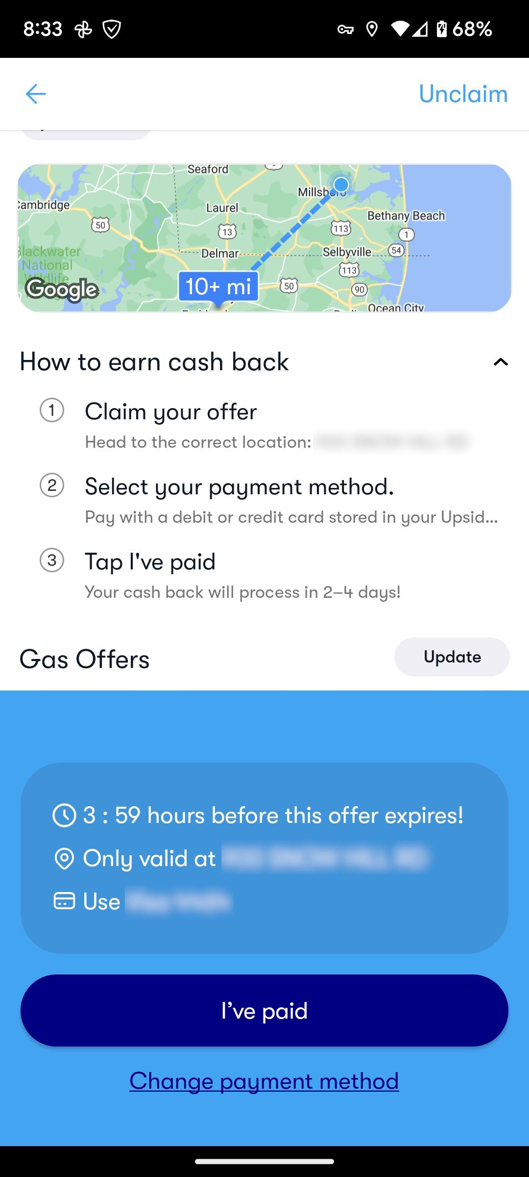 A screen in Upside where users can confirm they've paid