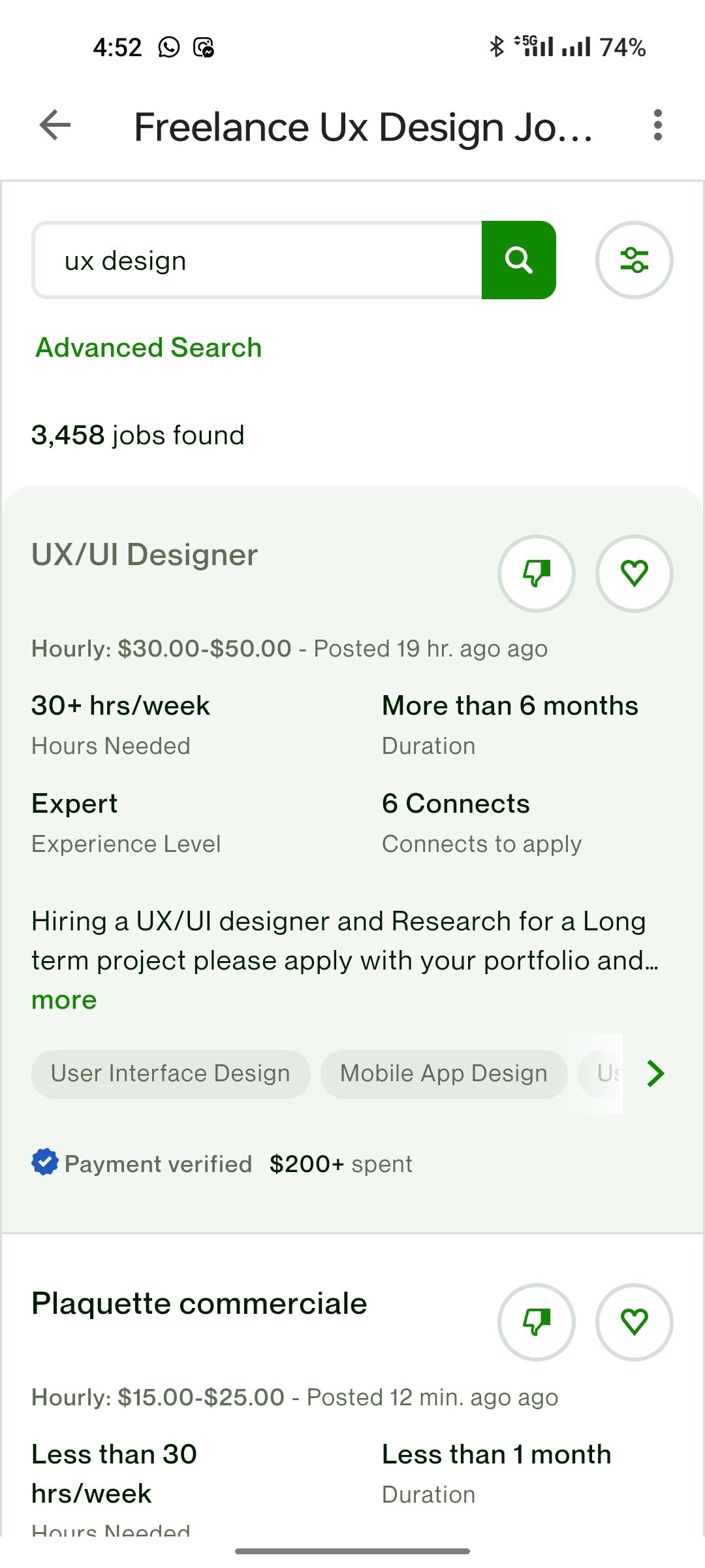 لیست مشاغل طراحی UX در Upwork با مقیاس پرداخت و مدت زمان پروژه