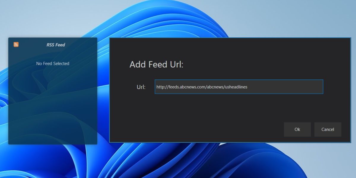 entering a URL in the RSS Feed widget of the Widget Launcher on Windows 11