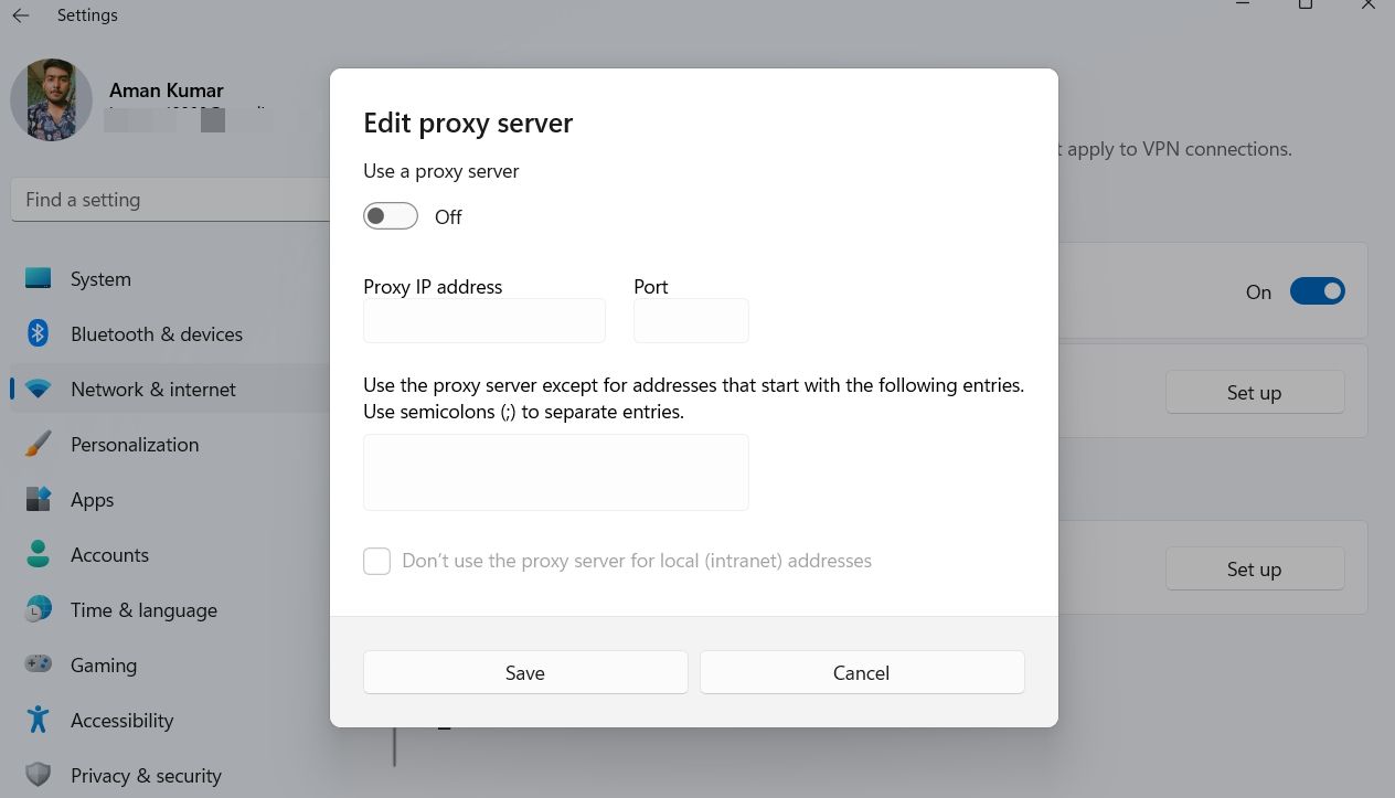 Use uma opção de servidor proxy em configurações