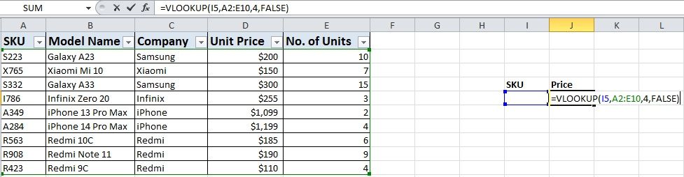 Database inventory in Excel with the formula of VLOOKUP Function on the side