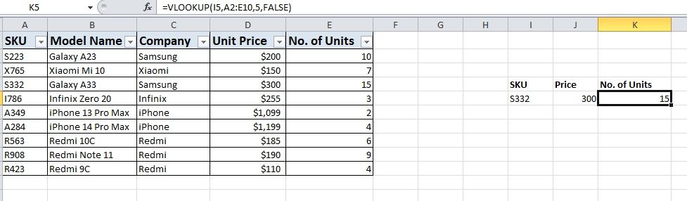 Excel spreadsheet with database inventory