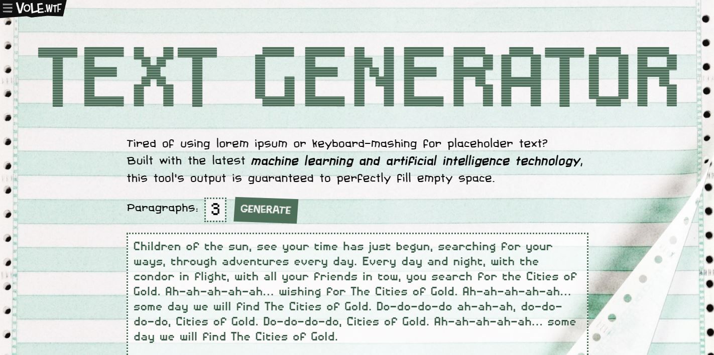 A screenshot of the landing page of the Vole wtf text generator