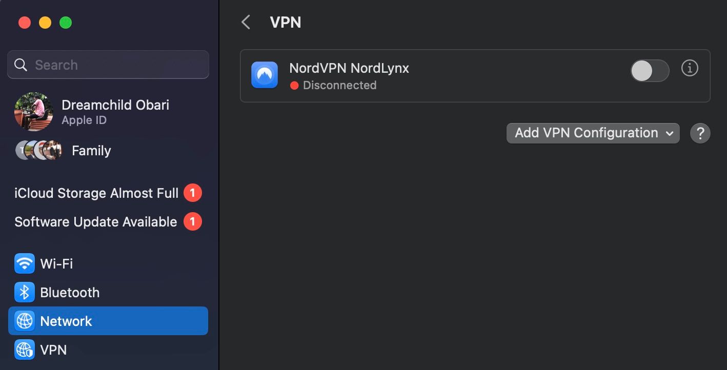 VPN settings in System Settings