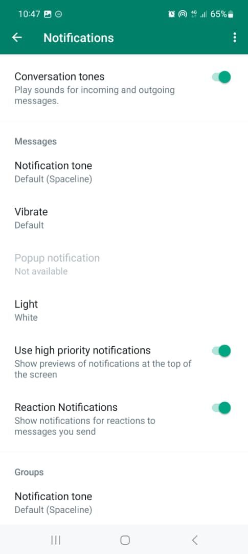 Whatsapp notifications page on android