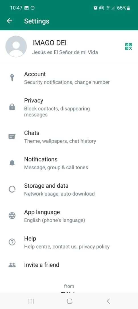 Whatsapp settings page on android